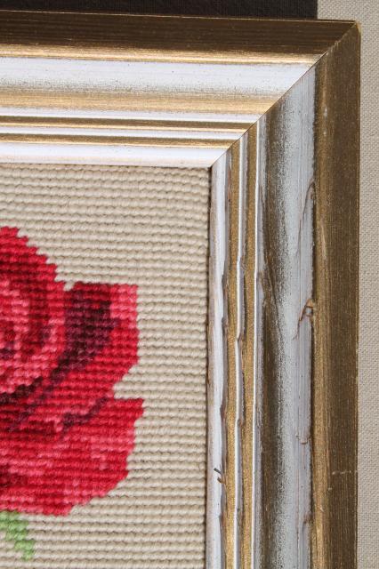 photo of vintage crewel wool needlepoint picture, pink rose & rosebuds framed needlework #4