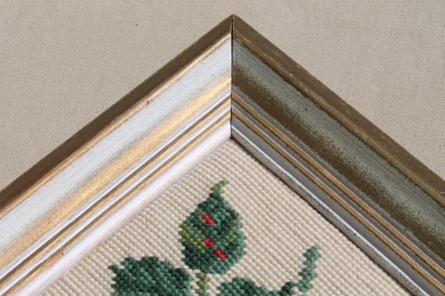 photo of vintage crewel wool needlepoint picture, pink rose & rosebuds framed needlework #5
