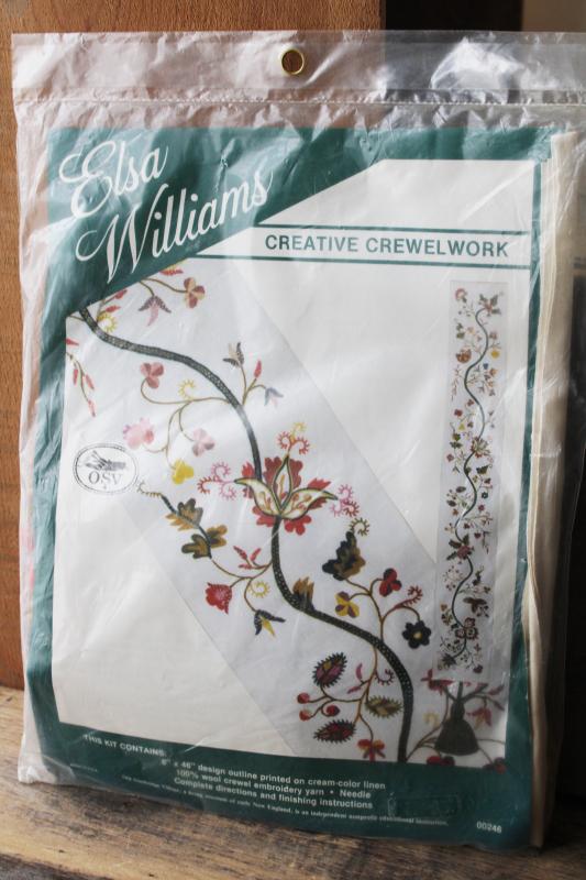 photo of vintage crewel work embroidery kit, Elsa Williams bell pull linen w/ wool yarn #1