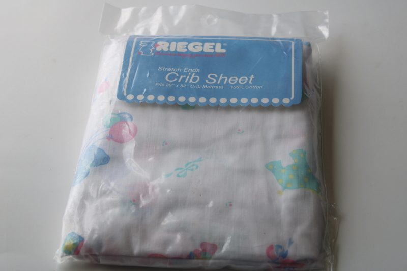 photo of vintage crib sheet sealed package Riegel USA made all cotton fabric w/ baby animals balloon print #1