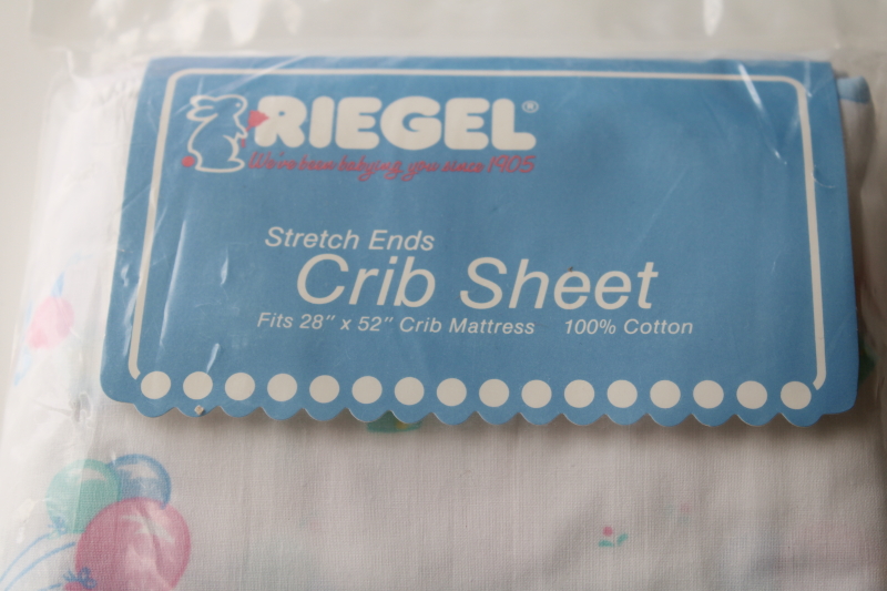 photo of vintage crib sheet sealed package Riegel USA made all cotton fabric w/ baby animals balloon print #2