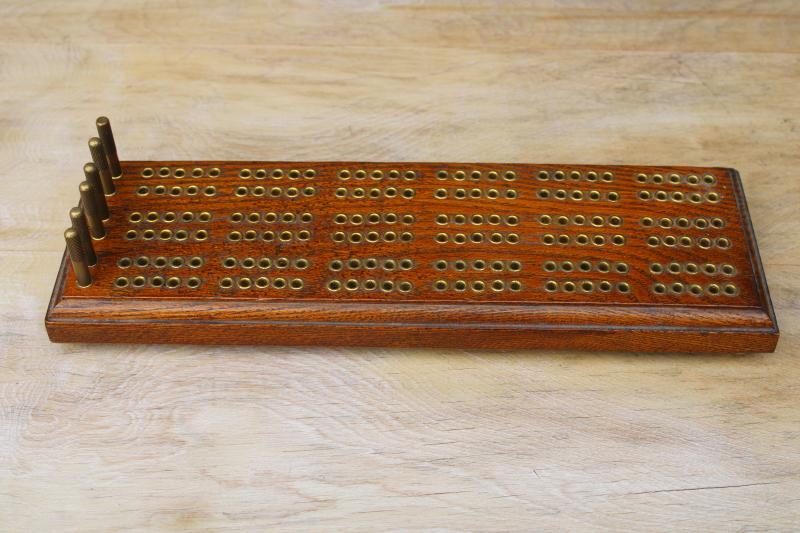 photo of vintage cribbage board set, wood w/ brass pegs steampunk machine age game board #1