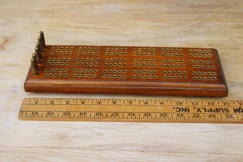 photo of vintage cribbage board set, wood w/ brass pegs steampunk machine age game board #2