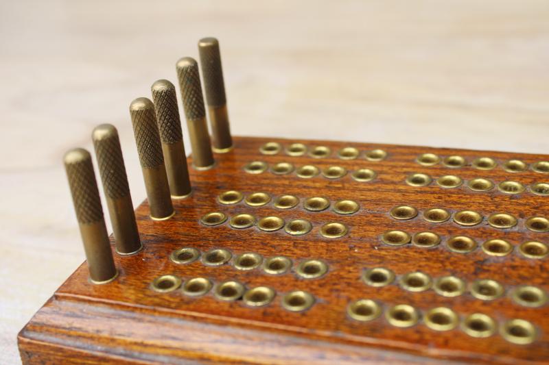 photo of vintage cribbage board set, wood w/ brass pegs steampunk machine age game board #3