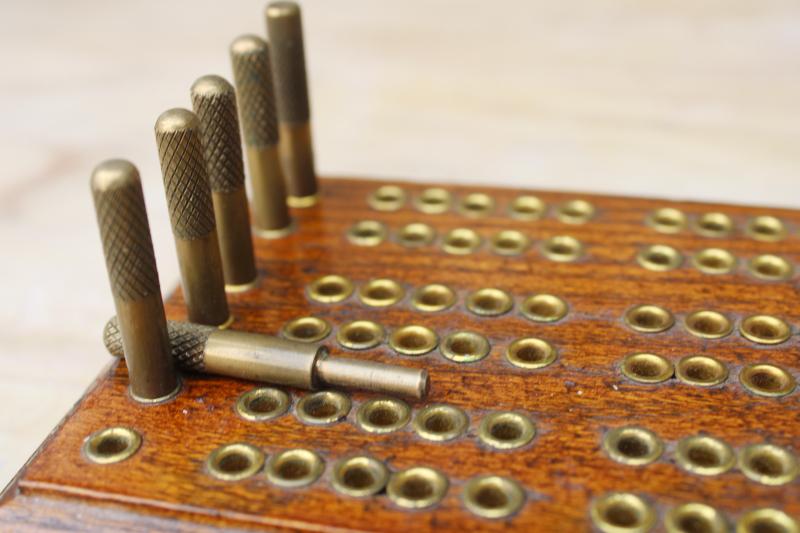 photo of vintage cribbage board set, wood w/ brass pegs steampunk machine age game board #4