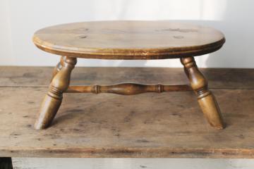 vintage cricket stool, old pine wood footstool low oval seat milking stool 