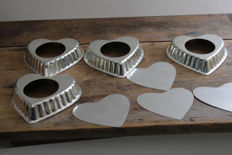 photo of vintage crimped heart tin molds, individual tart or cake baking pans set #5