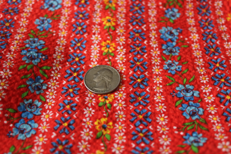 photo of vintage crinkle cotton plisse fabric, folk art style stripes flowers on red #3