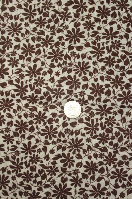 photo of vintage crinkle cotton plisse, lightweight airy fabric flower print in brown & white #1