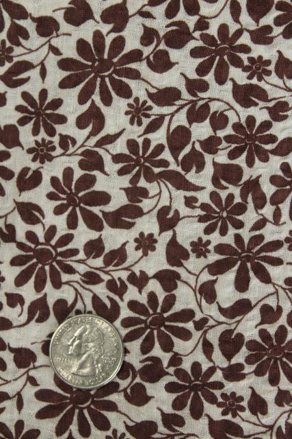 photo of vintage crinkle cotton plisse, lightweight airy fabric flower print in brown & white #2