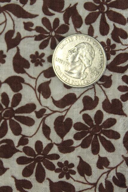 photo of vintage crinkle cotton plisse, lightweight airy fabric flower print in brown & white #4