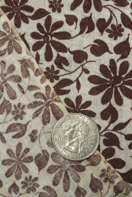 photo of vintage crinkle cotton plisse, lightweight airy fabric flower print in brown & white #5