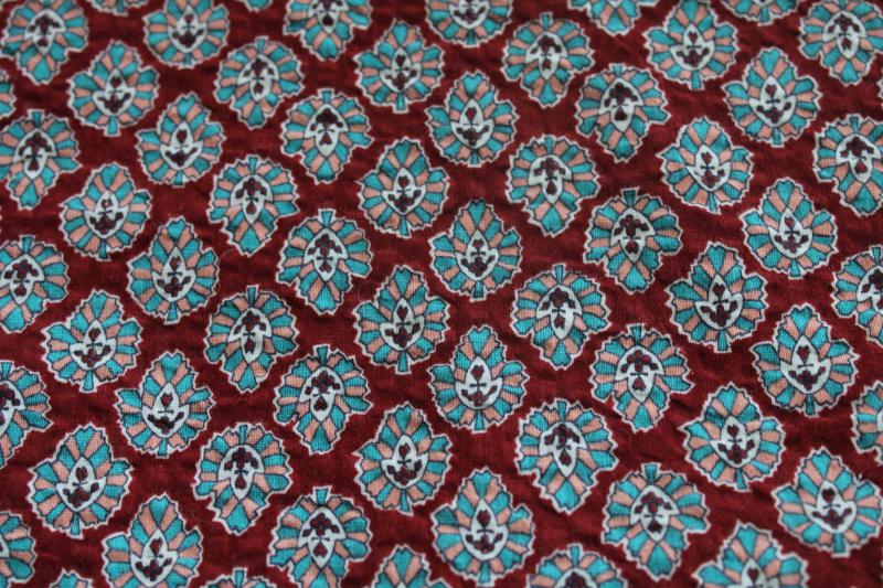 photo of vintage crinkle cotton plisse, soft light fabric w/ leaf print, coral, aqua, rust #1