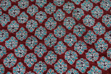 catalog photo of vintage crinkle cotton plisse, soft light fabric w/ leaf print, coral, aqua, rust