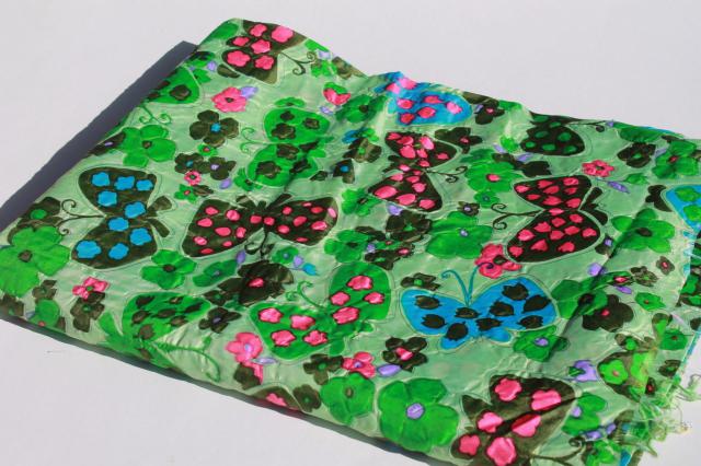 photo of vintage crinkle pucker texture lightweight poly 'silk' fabric, retro butterfly print #4