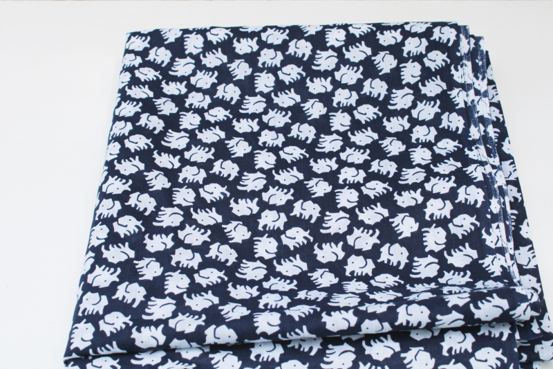 photo of vintage crisp cotton fabric, tiny white elephants on dark navy blue, preppy style boho block print #1