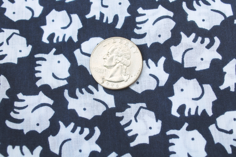 photo of vintage crisp cotton fabric, tiny white elephants on dark navy blue, preppy style boho block print #2