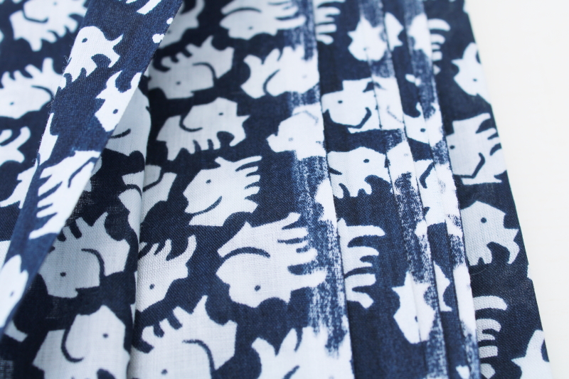 photo of vintage crisp cotton fabric, tiny white elephants on dark navy blue, preppy style boho block print #3