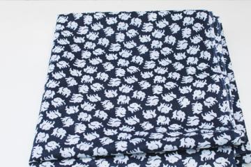 vintage crisp cotton fabric, tiny white elephants on dark navy blue, preppy style boho block print 