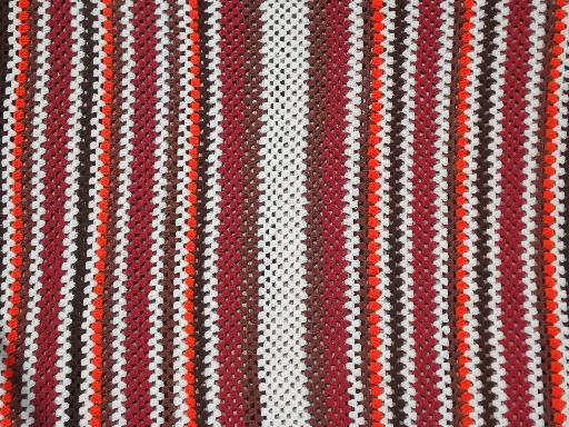 photo of vintage crochet acrylic afghan, stripes in orange, indian blanket red #2