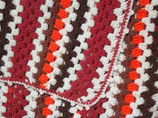 photo of vintage crochet acrylic afghan, stripes in orange, indian blanket red #3