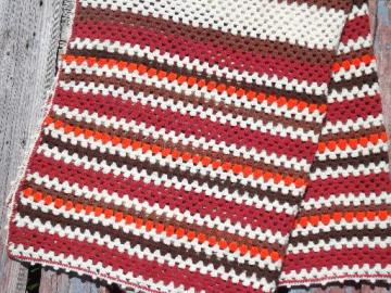 catalog photo of vintage crochet acrylic afghan, stripes in orange, indian blanket red