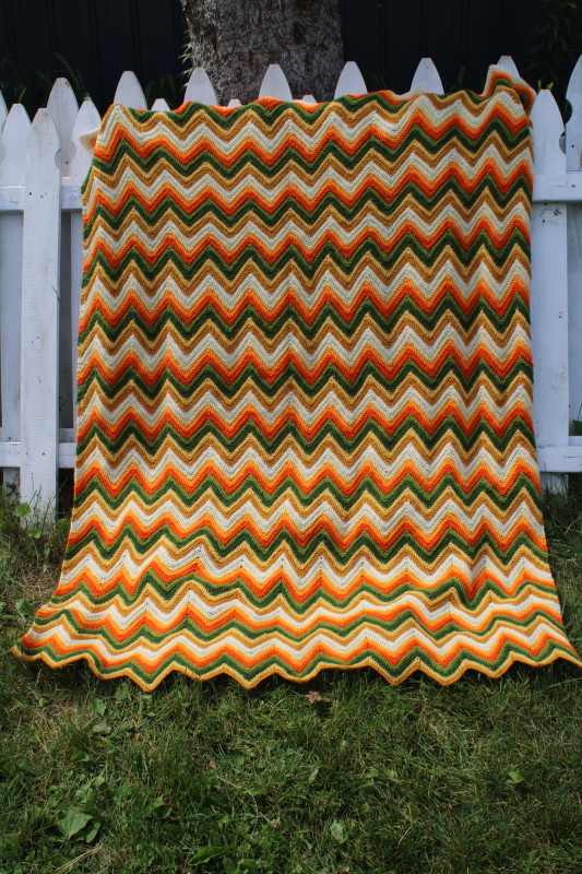 photo of vintage crochet afghan blanket, retro ripple stripes orange gold green fall colors #1