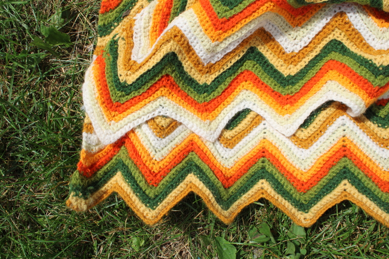 photo of vintage crochet afghan blanket, retro ripple stripes orange gold green fall colors #4