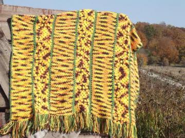 catalog photo of vintage crochet afghan blanket, soft and cozy autumn harvest colors