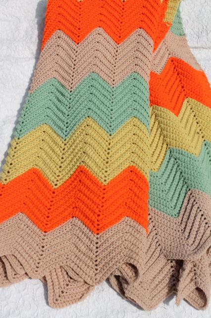 photo of vintage crochet afghan, chevron ripple stripes in retro fall harvest colors #1