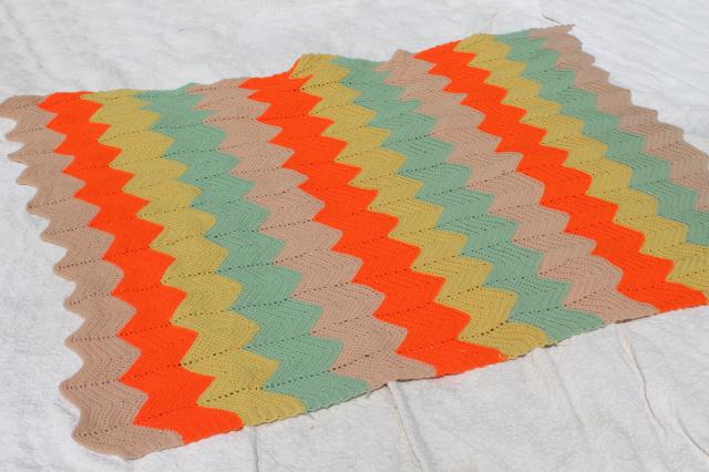 photo of vintage crochet afghan, chevron ripple stripes in retro fall harvest colors #2