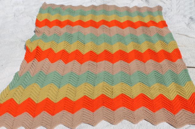 photo of vintage crochet afghan, chevron ripple stripes in retro fall harvest colors #3