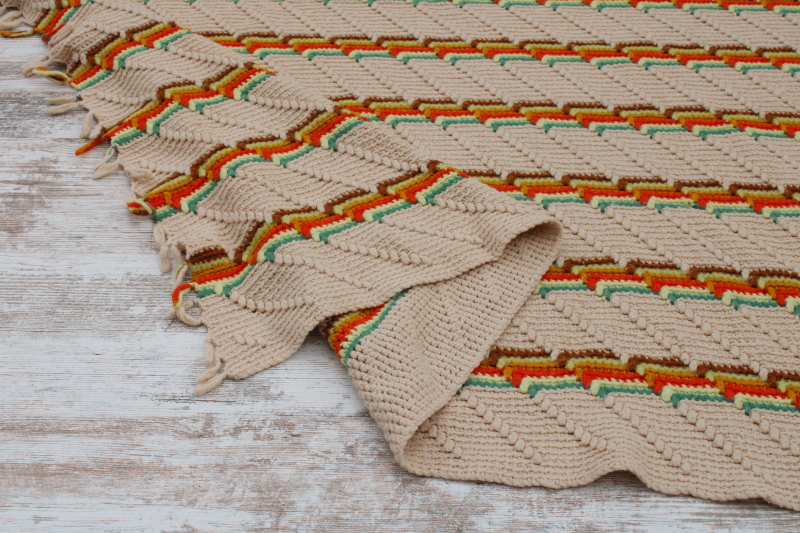 photo of vintage crochet afghan, fringed Indian blanket hippie style, southwest orange, gold, turquoise on tan  #2