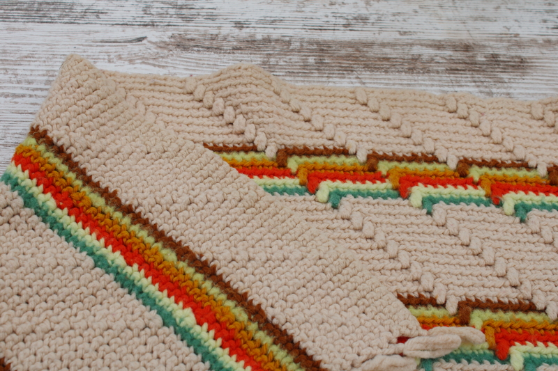 photo of vintage crochet afghan, fringed Indian blanket hippie style, southwest orange, gold, turquoise on tan  #3