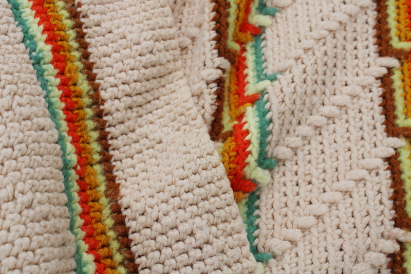 photo of vintage crochet afghan, fringed Indian blanket hippie style, southwest orange, gold, turquoise on tan  #4
