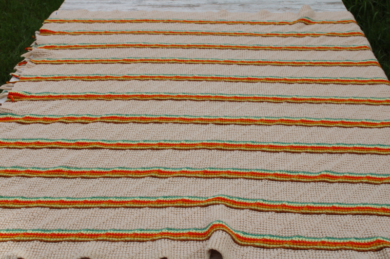 photo of vintage crochet afghan, fringed Indian blanket hippie style, southwest orange, gold, turquoise on tan  #5