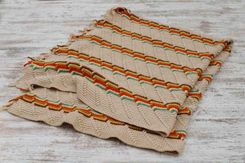 photo of vintage crochet afghan, fringed Indian blanket hippie style, southwest orange, gold, turquoise on tan  #7