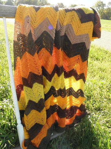photo of vintage crochet afghan in fall colors, gold, brown, orange chevrons #1