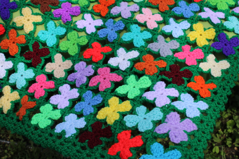 photo of vintage crochet afghan, lap blanket throw or shawl, bright boho flowers on green, crocheted granny squares  #2