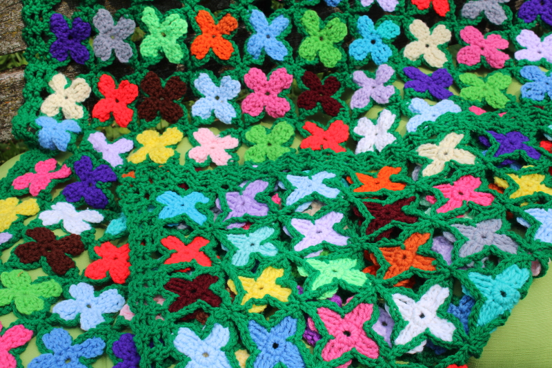 photo of vintage crochet afghan, lap blanket throw or shawl, bright boho flowers on green, crocheted granny squares  #3