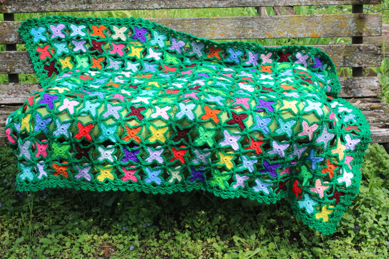 photo of vintage crochet afghan, lap blanket throw or shawl, bright boho flowers on green, crocheted granny squares  #4
