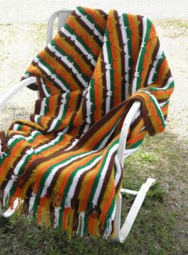 catalog photo of vintage crochet afghan or rug, Indian blanket stripes in retro colors