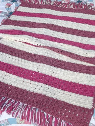 photo of vintage crochet afghan, retro raspberry, cream & rose pink stripes  #1