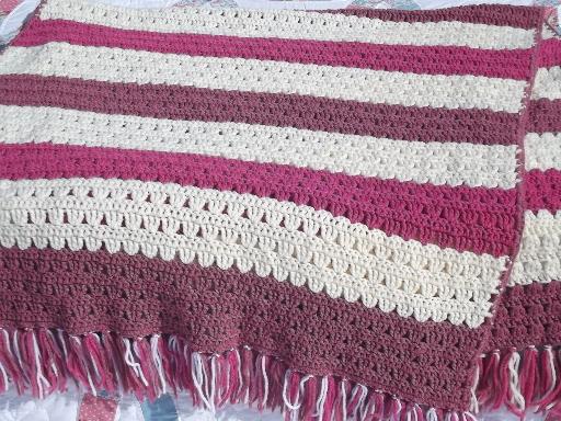 photo of vintage crochet afghan, retro raspberry, cream & rose pink stripes  #2