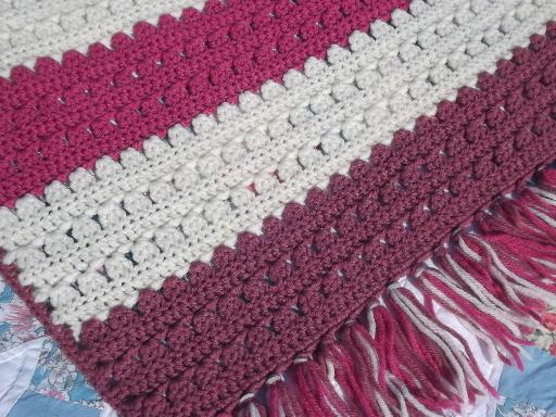 photo of vintage crochet afghan, retro raspberry, cream & rose pink stripes  #3