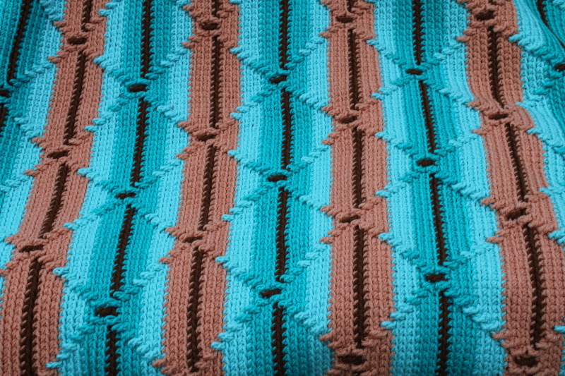 photo of vintage crochet afghan, southwest colors turquoise & tan Native American Indian blanket style  #2