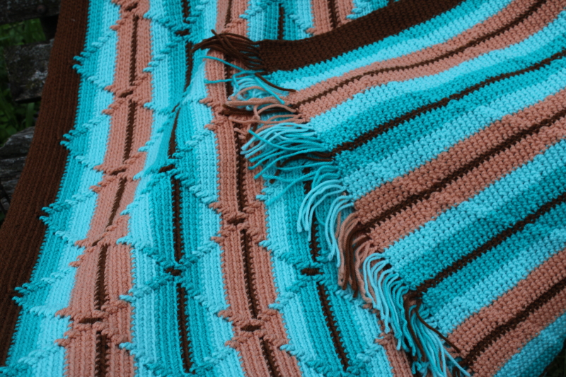 photo of vintage crochet afghan, southwest colors turquoise & tan Native American Indian blanket style  #3