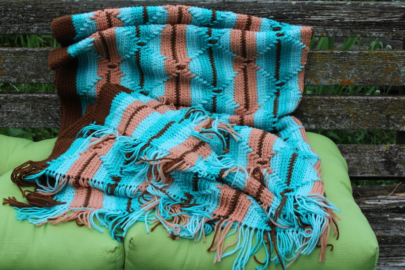 photo of vintage crochet afghan, southwest colors turquoise & tan Native American Indian blanket style  #4