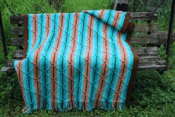 catalog photo of vintage crochet afghan, southwest colors turquoise & tan Native American Indian blanket style 