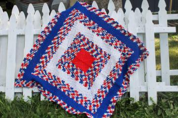 catalog photo of vintage crochet afghan square throw blanket American pride patriotic red white blue